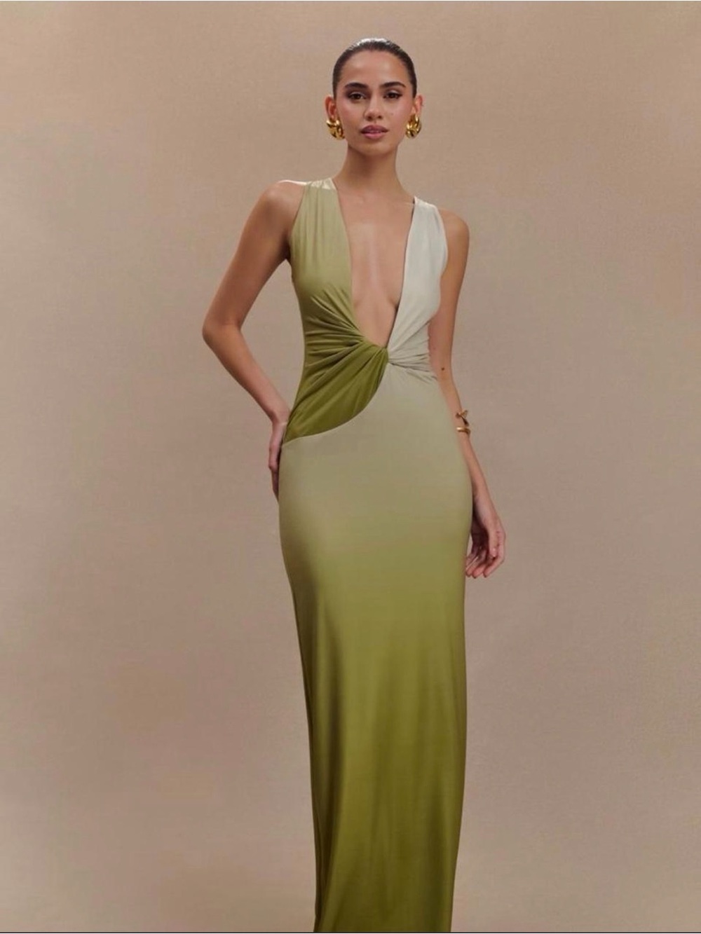 Olive Gradient Twist-Front Maxi Dress